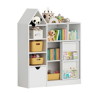 44" Kids Bookshelf Toy Storage, Kids Bookshelf with Removable Drawers, 8 Storage Cubby & Sliding Door, Kids Reading Nook for Playroom, Classroom - 1 of 4