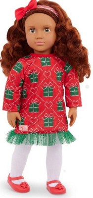 Our Generation Luz 18 Doll with Red & Green Holiday Sweater Dress Outfit