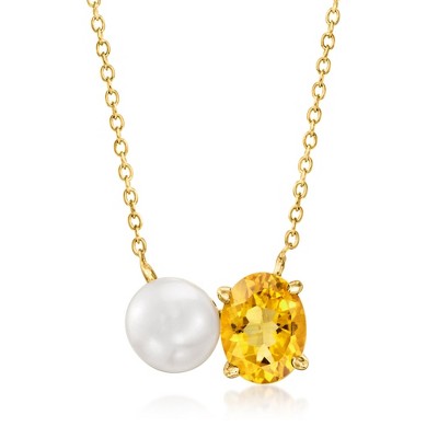 Ross-Simons 7.5-8mm Cultured Pearl and 1.60 Carat Citrine Toi Et Moi Necklace in 18kt Gold Over Sterling Size 18