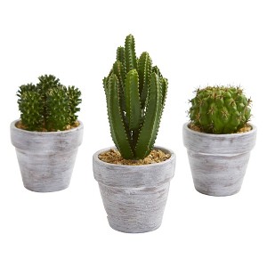 Nearly Natural 8" x 3.5" 3pc Artificial Cactus Plant Set: Indoor Faux Succulent Decor, Styrofoam Filler, Plastic Pot - 1 of 4