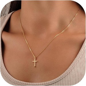 Layered Cross Necklace 14K Gold Plated with Beads CZ Mary Medal First Communion Gift 14k gold cross necklace - 1 of 4