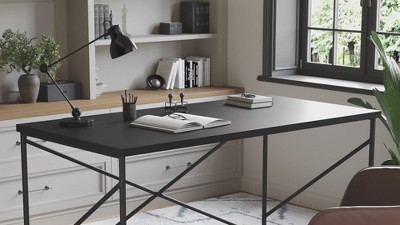 Black Wood Grain Parsons Desk with Metal X-Frame