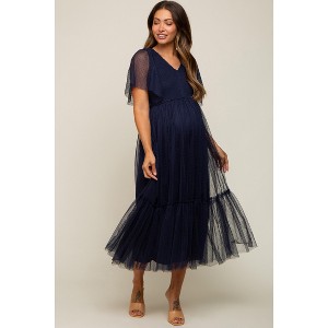 Pinkblush Navy Blue Dotted Tulle Smocked Maternity Midi Dress - 1 of 4