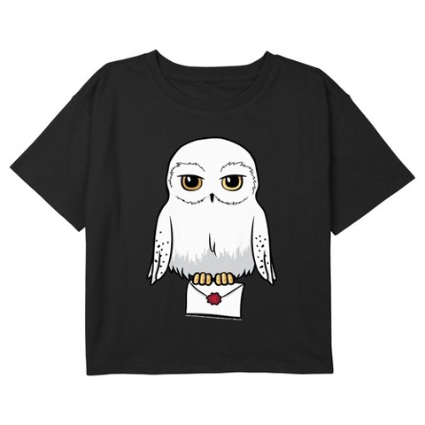 Harry Potter Girl's Harry Potter Cute Cartoon Hedwig Letter Graphic Graphic Cropped T-Shirt - Black - Large