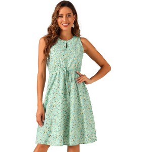 Allegra K Women's Floral Split Neck Drawstring Waist Sleeveless A-Line Summer Midi Dress - 1 of 4