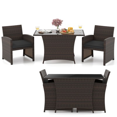 Tangkula 3 Piece Patio Wicker Dining Set 2 Rattan Chairs w/ Rectangle Tempered Glass Dining Table