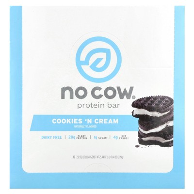 No Cow Protein Bar, Cookies'N Cream, 12 Bars, 2.12 oz (60 g) Each
