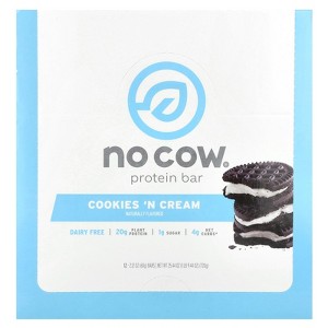 No Cow Protein Bar, Cookies'N Cream, 12 Bars, 2.12 oz (60 g) Each - 1 of 3