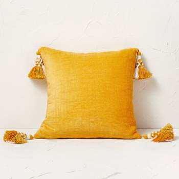 Cotton Chenille Square Throw Pillow with Tassels Gold - Opalhouse™ designed with Jungalow™