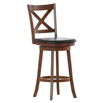 Merrick Lane 30" Classic Wooden Crossback Swivel Bar Height Pub Stool with Upholstered Padded Seat and Integrated Footrest