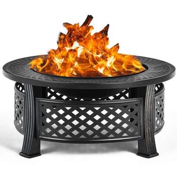 Tangkula 3-in-1 Round Fire Pit Set 32 Inch Round Wood Burning Firepit Table Multifunctional Metal Firepit Stove