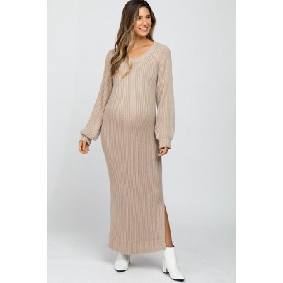 PinkBlush Beige Side Slit Maternity Maxi Sweater Dress