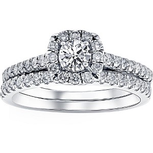 Pompeii3 1ct Cushion Halo Diamond Engagement Wedding Ring Set 14K White Gold - 1 of 4