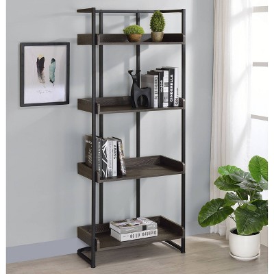 Ember Contemporary Dark Brown Steel and Oak 4-Shelf Bookcase