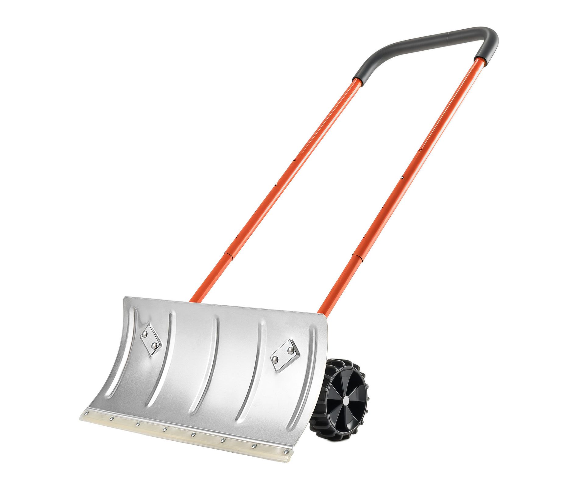 VEVOR Snow Pusher Shovel with Wheels, 24 in Wheeled Snowplow Shovel with Bi-Directional Angled Blade & 90 Degree Adjustable Handle, Silver&Orange