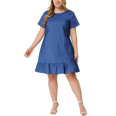 Agnes Orinda Women's Plus Size Cross Back Ruffle Hem Formal Chambray T-Shirt Dresses