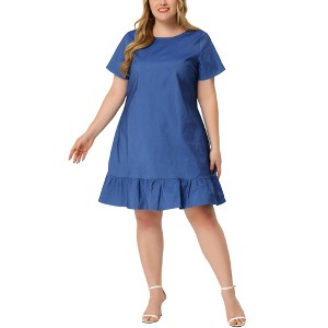 Agnes Orinda Women's Plus Size Cross Back Ruffle Hem Formal Chambray T-Shirt Dresses - 1 of 4