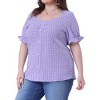 Agnes Orinda Women's Plus Size Gingham 1950s Sweetheart Neck Button Decor Short Sleeve Blouses - 2 of 4