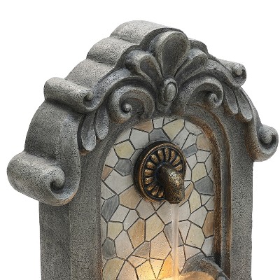 LuxenHome 27" Gray Resin Mosaic Tile Outdoor Water Fountain with Lights