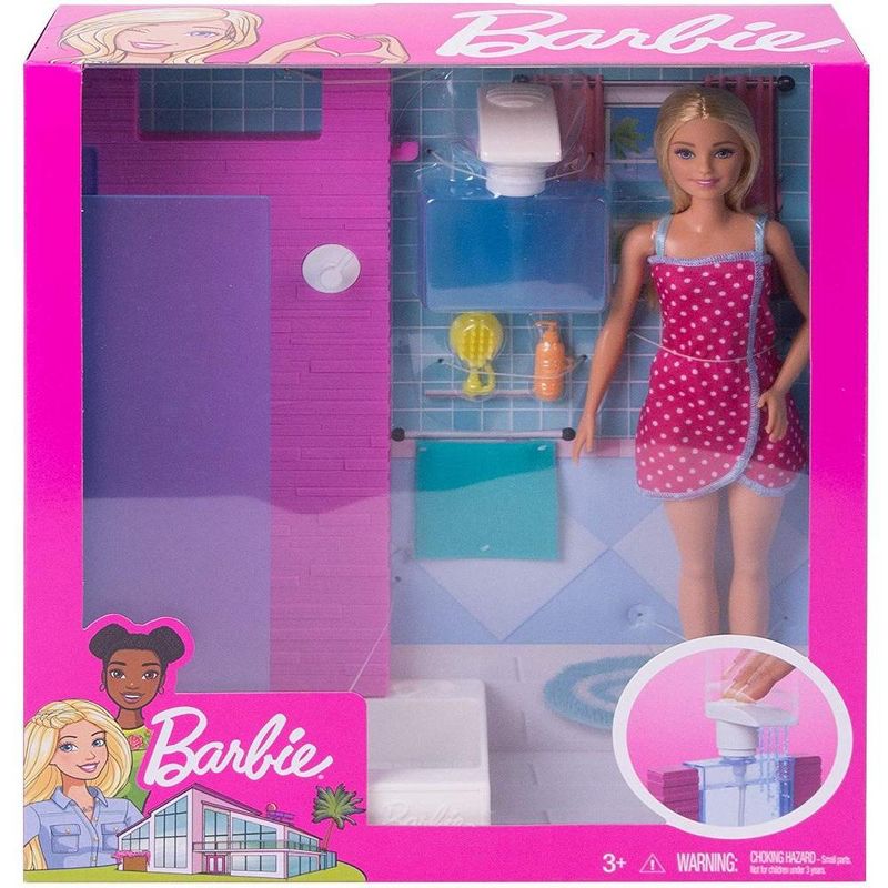 Barbie Doll Bathroom with Working Shower and Three Bath Accessories, Gift Set, 3 of 9