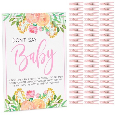 Sparkle And Bash Floral Baby Shower Clothespin Game For Girl, Don't Say  Baby Theme With 60 Pink Clothes Pins And 8x10-inch Sign : Target