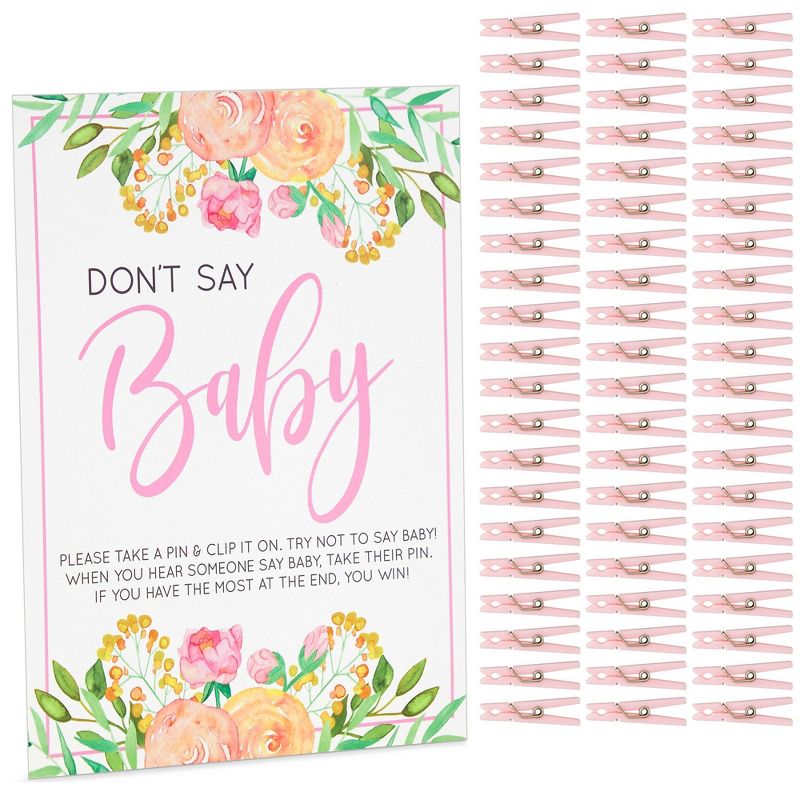 Sparkle and Bash Floral Baby Shower Clothespin Game For Girl, Don't Say Baby Theme with 60 Pink Clothes Pins and 8x10-Inch Sign, 1 of 9