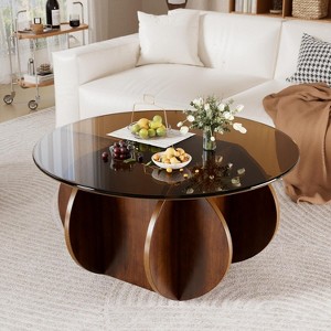 PAKASEPT Round Coffee Table with Wood Legs, 27.5" Glass Coffee Tables for Living Room Rustic Circle Center Cocktail Table with Tempered Glass-Top - 1 of 4