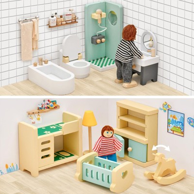 Etokfoks 36pcs Wooden Dollhouse Furniture Set Miniature Accessories for 5 Rooms Pretend Play with 4 Poseable Dolls for Kids Ages 3-8 — фото 4