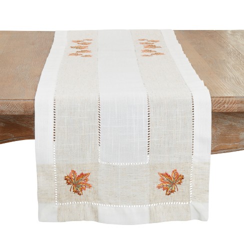 Saro Lifestyle Embroidered Table Runner With Leaf Hemstitch Design, 15"x70", Off-White - image 1 of 2