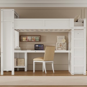 GDFStudio Buckle Space-Saving Wooden Queen Loft Bed with Wardrobe and Headboard Storage - 1 of 4