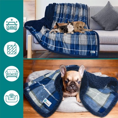 Large Navy Plaid Sherpa Fleece Reversible Outdoor Throw Blanket