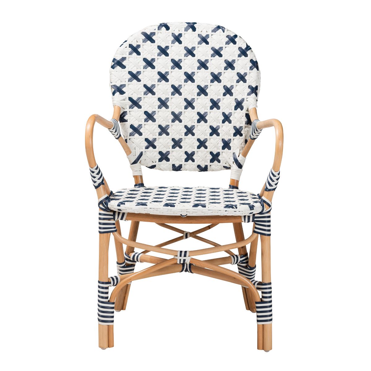 bali & pari Bryson Modern French Blue and White Weaving and Natural Rattan Bistro Chair - thumbnail 3