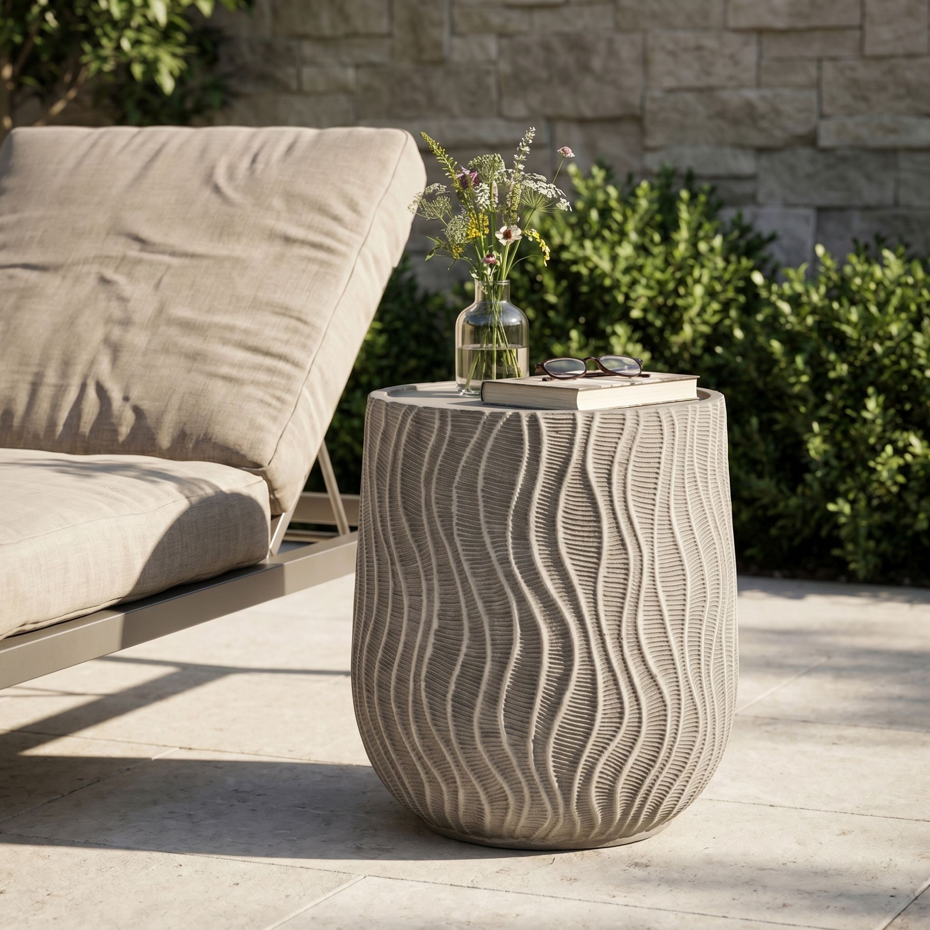 Christopher Knight Home Trachius Patio Cylindrical Wavy Textured Lightweight Concrete Side Table, Gray