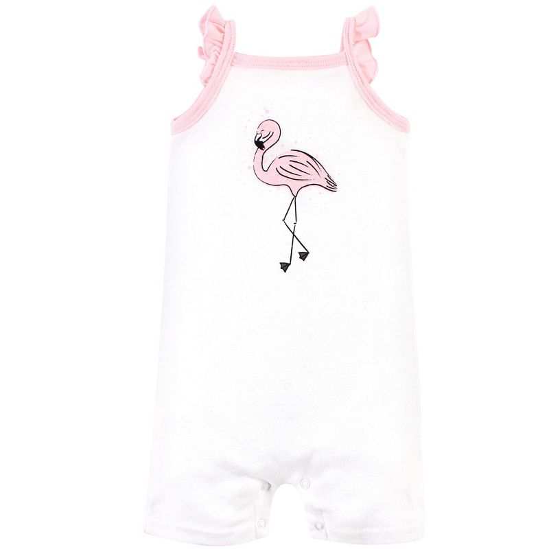 Hudson Baby Infant Girl Cotton Rompers 3pk, Painted Flamingo, 3 of 6