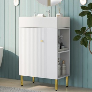 FAMYYT 21.6 in. Freestanding White Bath Vanity with White Ceramic Top, Right Side Storage - 1 of 4
