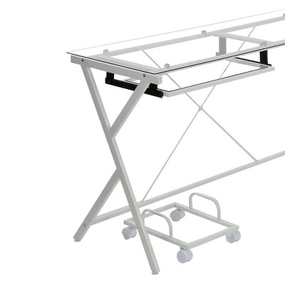 62" White Glass Top L-Shaped Computer Desk with Keyboard Tray