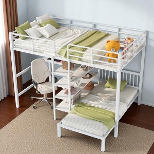 Full Over Twin Metal Bunk Bed with Desk, Storage Shelves, Ladder, No Box Spring Needed, Space-Saving Design - 1 of 4
