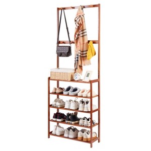 Artloge 5 Tiers Vintage Heavy Duty Bamboo Shoes Stand Freestanding Coat Hat Rack Hallway Hanger Shelf Footwear Holder with 8 Hooks - 1 of 4