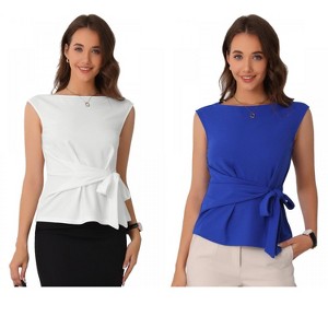 INSPIRE CHIC Women's Summer Tie Front Boat Neck Sleeveless Work Blouse 2 Packs - 1 of 4