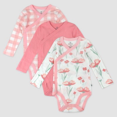 Honest Baby Girls' 3pk Long Sleeve Side Snap Floral Bodysuit - Pink 3-6M