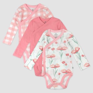 Honest Baby Girls' 3pk Long Sleeve Side Snap Floral Bodysuit - Pink - 1 of 4