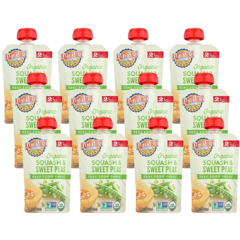 Earth's Best Organic Squash and Sweet Peas Baby Food Puree 6+ Months - Case of 12/3.5 oz, 1 of 8