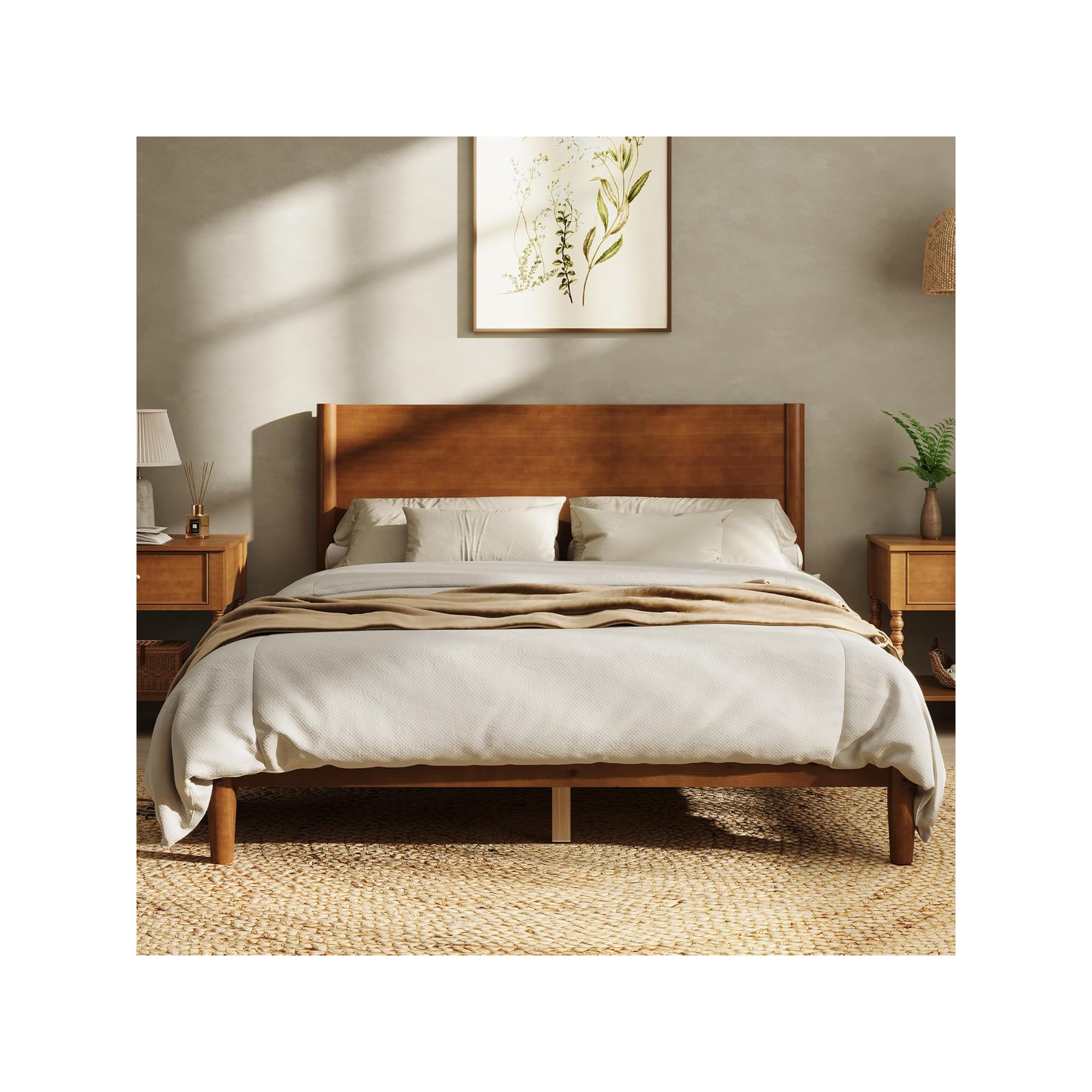 AMERLIFE Queen Solid Wood Platform Bed Frame with 38" Headboard, Wooden Slats, Brown Walnut
