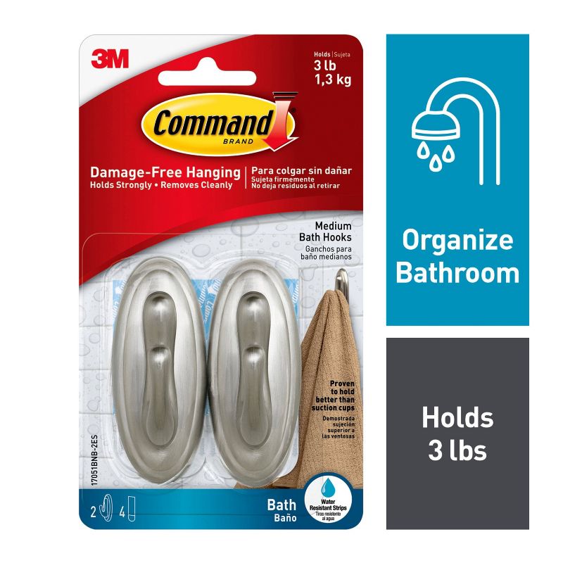 Command 2 Hooks 4 Strips Medium Sized Traditional Hooks with Water Resistant Strips Nickel, 1 of 11