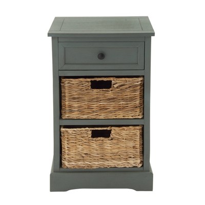 Teal Solid Wood Rectangular Side Table with Seagrass Baskets and Drawer