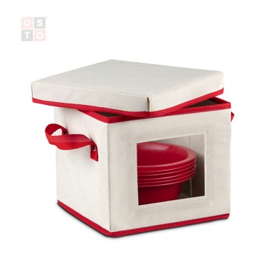 OSTO Holiday Dinnerware Storage Box with Lid; Saucer/Soup Plate Box with Cardboard Insert Has Clear Window, Handgrips, & Lid, Color Ivory and Red