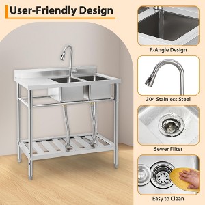 Stainless Steel 2-Tank One-Shower Freestanding Sink, High-Quality Corrosion Resistant, Adjustable Legs for Stability on Uneven Surfaces - 1 of 4