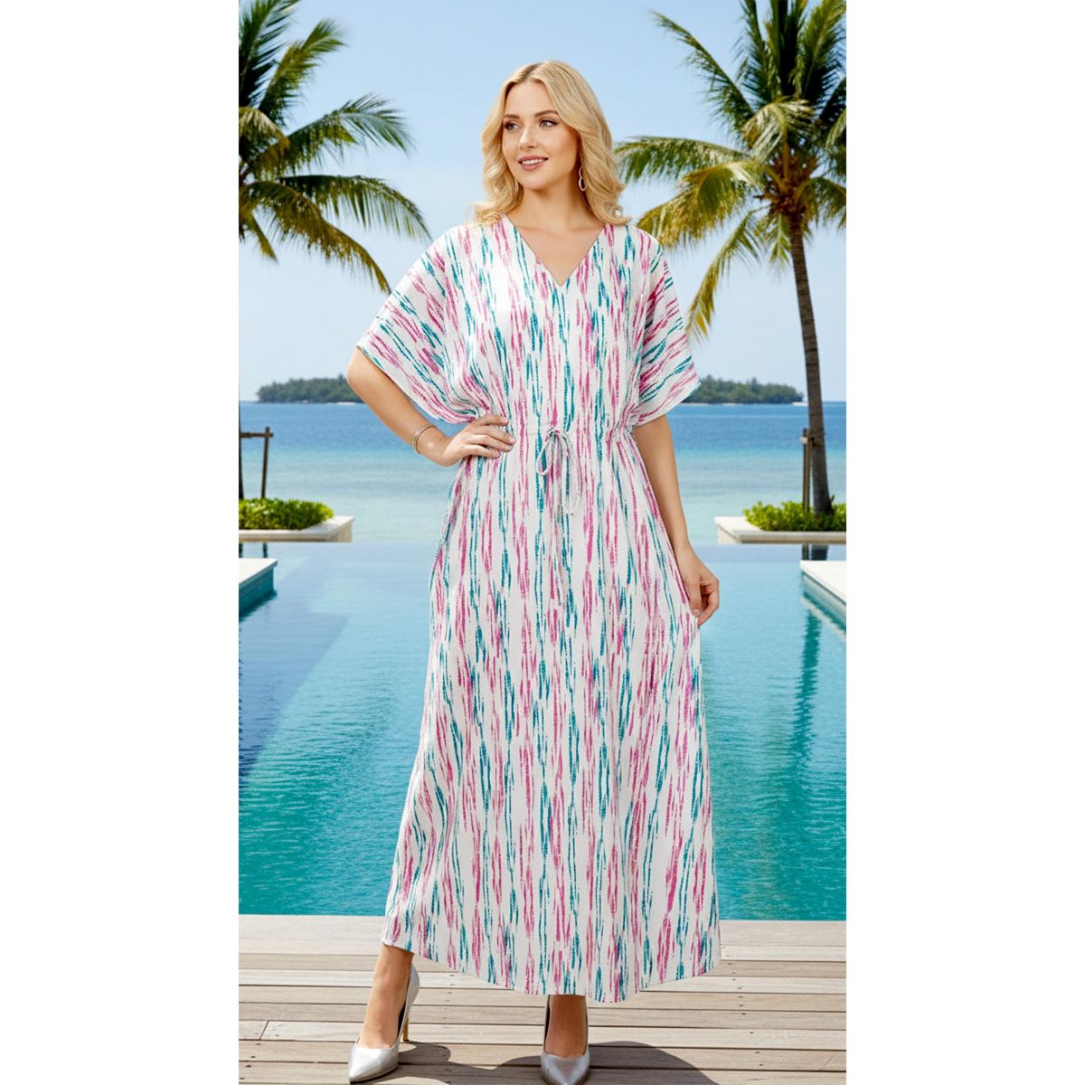 HAPPY BAY Women's Summer Vacation Swimwear Cover Up Beach Bikini Kaftan Regular Fit Beachwear Dress Bathing Suit Caftan One Size Pink Stripe - thumbnail 3
