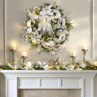 30" Holiday Wreaths with 40 LED Lights Silver White Balls Bow, Lighted Xmas Wreaths for Fireplace Window Holiday Decor