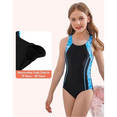 Charmo Girls Color Block Swimsuit One Piece Swimwear Athletic Competition Bathing Suit Blue Wave/Black 13-14Years — фото 3